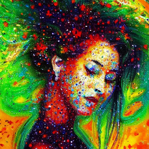 Image similar to a woman 💃 disintegrating into small particles of love, behancehd, impressionism