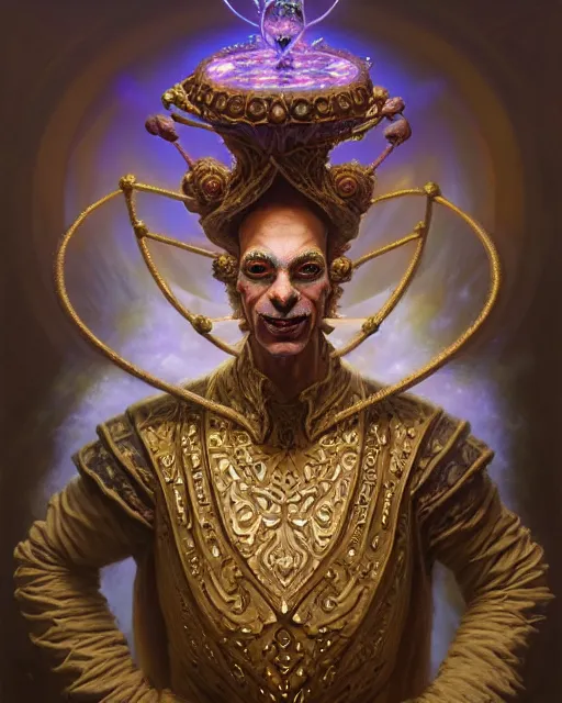 Image similar to front shot of a court jester character, hyperdimensional, bioluminescent hypercubes, ((intricate)), elegant, highly detailed, centered, (((artstation, concept art, smooth, sharp focus, artgerm, Tomasz Alen Kopera, Peter Mohrbacher, donato giancola, Joseph Christian Leyendecker, WLOP, Boris Vallejo))), mugshot!!!!!, ugly!!!!!!, octane render, nvidia raytracing demo, grainy, muted, 8K, digitalblasphemy