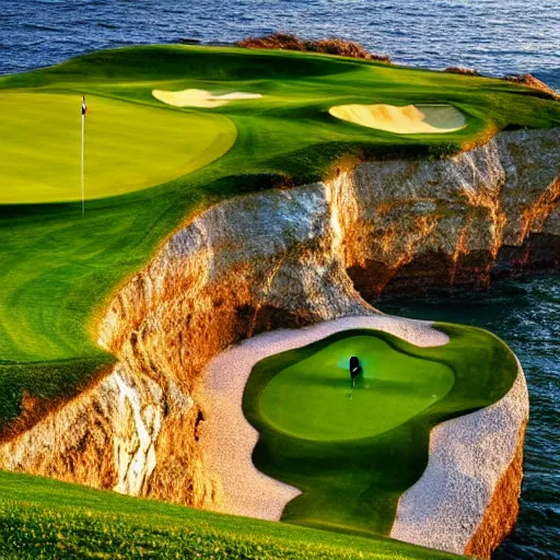 Prompt: a great photo from ground level of the most amazing golf hole in the world, cliffs by the sea, perfect green fairway, ambient light, golden hour