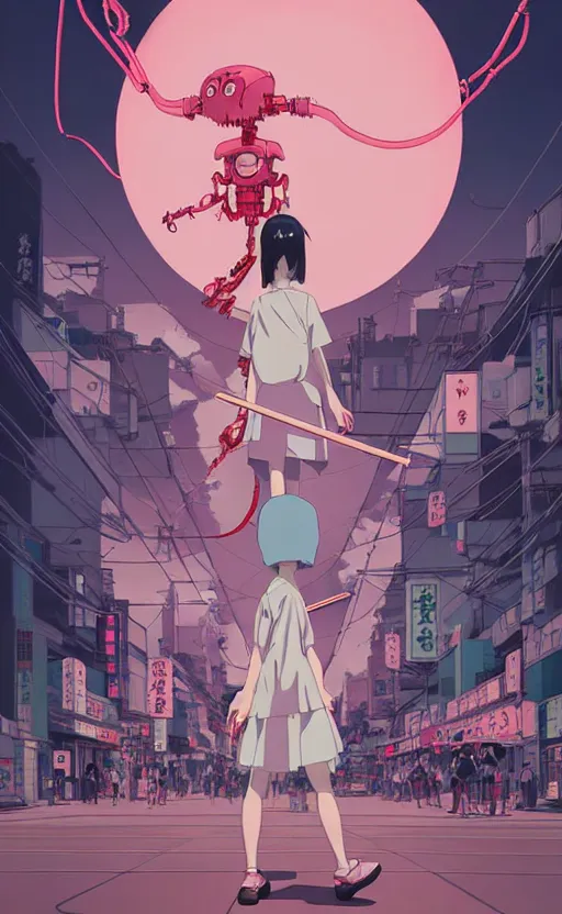 Image similar to Artwork by James Jean, Phil noto and hiyao Miyazaki; a young Japanese future samurai police girl named Yoshimi battles an enormous looming evil natured carnivorous pink robot on the streets of Tokyo; Japanese shops and neon signage; crowds of people running; Art work by studio ghibli, Phil noto and James Jean