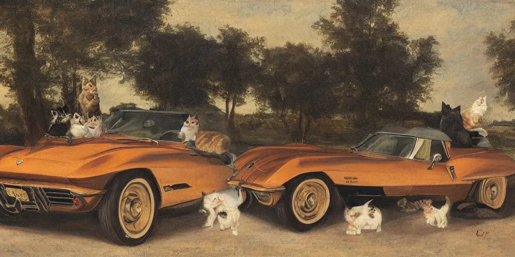 Image similar to corvette with cats sitting in and on the car, old dutch painting, golden hour, shadows, wide shot