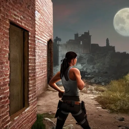 Prompt: a woman that looks similar to lara croft leaning against a brick wall. She is on the right side of the image, you can see the left side of her body. The scene is at night, lit by the moon. It feels like the scene is in some sort of super realistic virtual reality simulation. You can see the city behind her, everything feels like super advanced cgi graphics with ray tracing. Trending on artstation