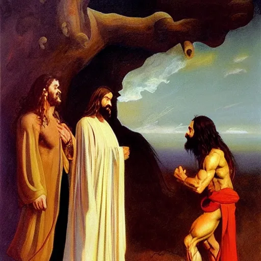 Prompt: jesus christ, a powerful long haired man in a robe. he's standing above a wounded roman soldier, mocking him. oil painting in the style of frank frazetta, boris vallejo, ilya repin. warm colors. detailed and realistic. concept art