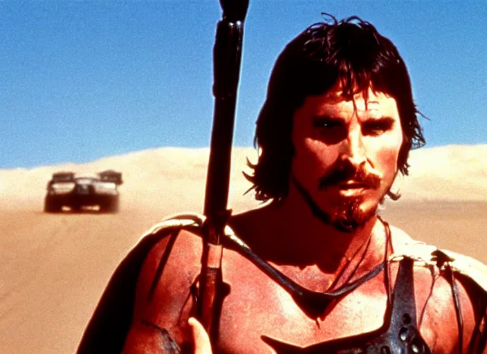 Image similar to film still of Christian Bale as Max in Mad Max 1979