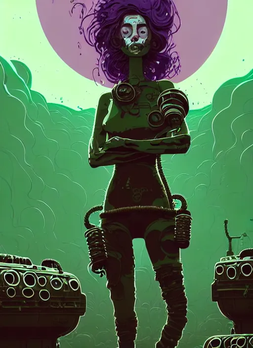 Image similar to highly detailed portrait of a lonely wasteland punk long dripping curly brown nuclear hair tribal lady, stray green slime hoses by atey ghailan, james gilleard, by joe fenton, by greg rutkowski, by greg tocchini, by kaethe butcher, 4 k resolution, gradient purple, brown black and white color scheme!!! ( ( green flaming robotic sewer background ) )