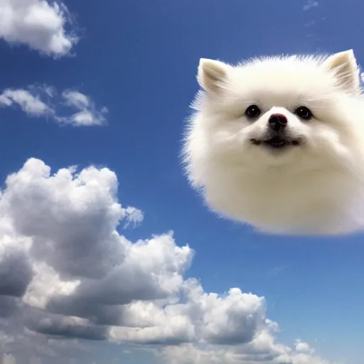 Prompt: a white Pomeranian made of clouds, floating in the sky