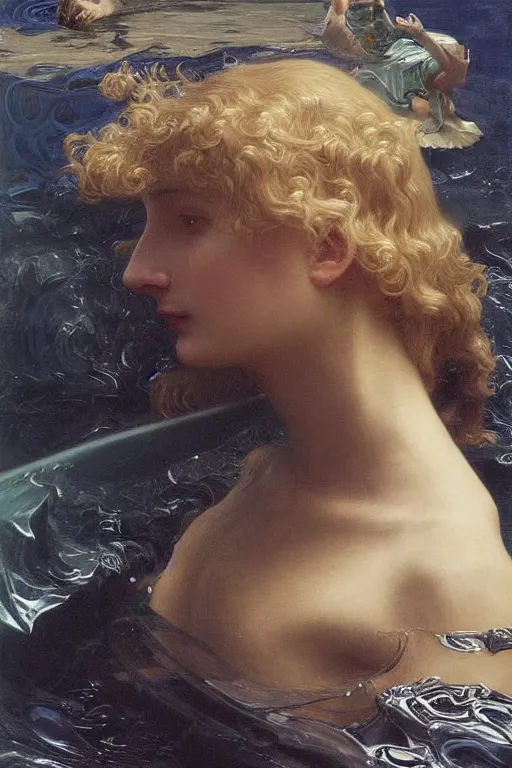 Image similar to hyperrealist highly detailed english medieval portrait of high fashion archangel swimming in black giant ferrofluid liquid ocean, Art by William Adolphe Bouguereau,, Art by William Adolphe Bouguereau,, by Annie Swynnerton and Tino Rodriguez and Maxfield Parrish, elaborately costumed, rich color, dramatic cinematic lighting, extremely detailed, radiating atomic neon corals, concept art pascal blanche dramatic studio lighting 8k wide angle shallow depth of field, Art by William Adolphe Bouguereau, extreme detailed and hyperrealistic