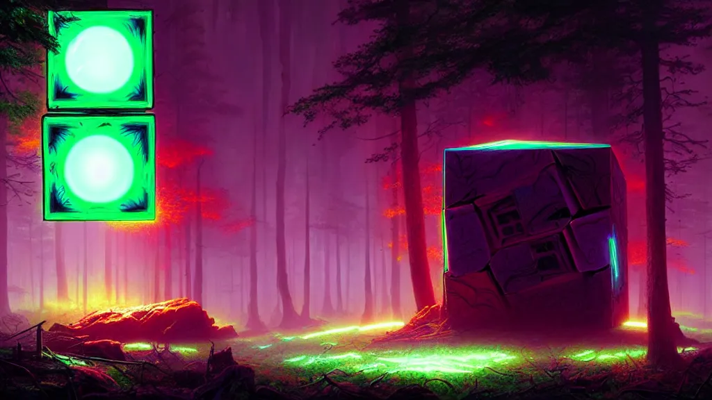 Image similar to a huge indeterminate color alien cube with a strange texture from nanotechnology, with neon color from its depths, forgotten and lost in the forest, detailed digital art by greg rutkowski.