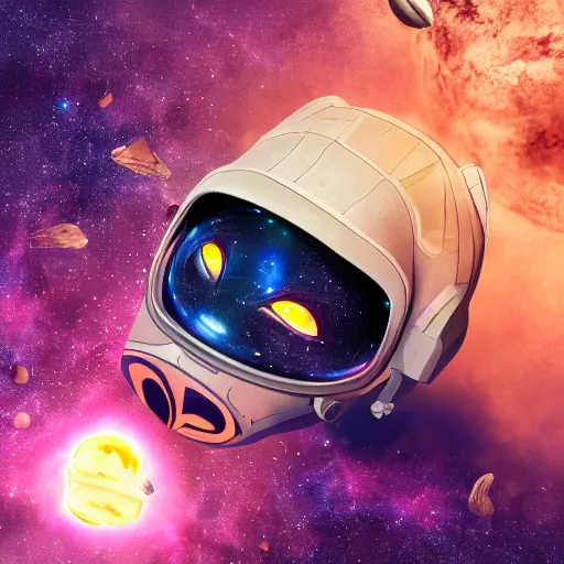 Image similar to epic scale space kitty, eyes like galaxies, flying through space, wearing a space suit and space helmet, soaring through the stars, ultra detailed, 4 k, 8 k, digital illustration