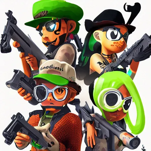 Prompt: Splatoon Inklings in the style of Red Dead Redemption 2, cell shaded game box cover