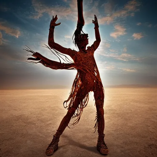 Image similar to burning man dancer, digital art, post apocalyptic, fantasy