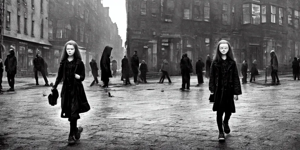 Prompt: sadie sink in hoodie at umbrella stand in ruined square, pedestrians on both sides ignore her, old tenements in background : grainy b & w 1 6 mm film, 2 5 mm lens, single long shot from schindler's list by steven spielberg. cyberpunk, steampunk. cinematic atmosphere and composition, detailed face, perfect anatomy