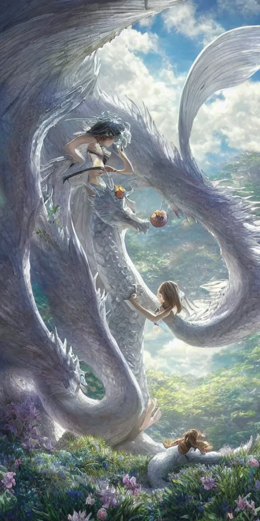 Prompt: the beautiful hyper detailed scene render that a beautiful girl lies in the arms of a huge silver white dragon alone in the fairyland surrounded by white clouds, finely detailed angelic face delicate features, style of studio ghibli, makoto shinkai, raphael lacoste, louis comfort tiffany, artgerm, james jean, ross tran, animation style, hd, ultra wide angle