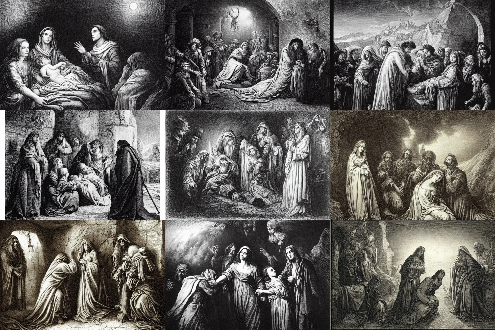 Prompt: “Johnny Depp and Emma Watson in Bethlehem, birth of Christ, engraving by Gustave Doré”