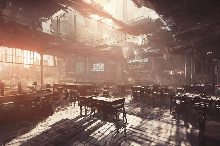 Image similar to ultra mega super hyper realistic Digital concept interior design of cyberpunk tavern. Natural white sunlight from the transperient roof. Rendered in VRAY and DaVinci Resolve and MAXWELL and LUMION 3D, Volumetric natural light