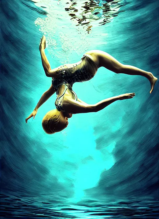 Prompt: finnish woman diving underwater, backround dark, highly detailed, digital illustration, trending in artstation, modern painting, smooth, sharp focus, intricate, einar jonsson, ilya repin