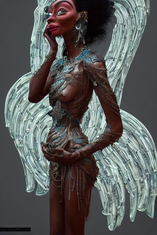 Image similar to a highly detailed medium shot 8 k render portrait of an alien goddess winnie harlow in iris van herpen dress schiaparelli in diamonds and jewelry in style of alphonse mucha trending on artstation made in unreal engine 4