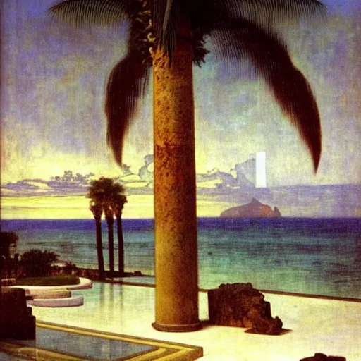 Image similar to The giant column, thunderstorm, greek pool, beach and palm trees on the background major arcana sky, by paul delaroche, alphonse mucha and arnold böcklin arnold böcklin hyperrealistic 8k, very detailed