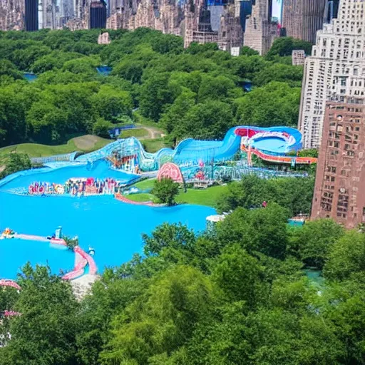 Prompt: highly detailed photo of a large water park with numerous slides and water rides inside of central park. the new york city skyline is shown in the background.