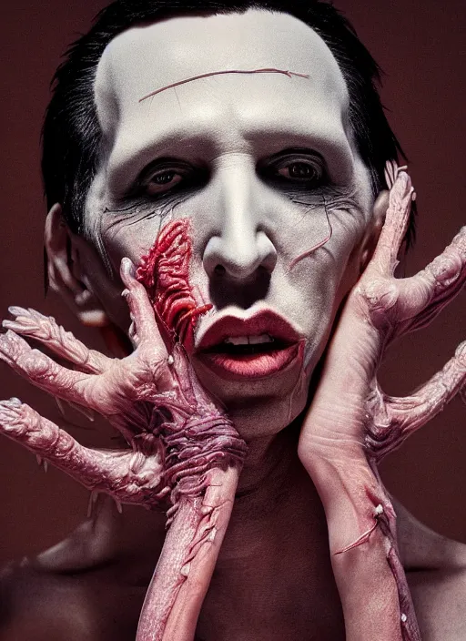 Prompt: portrait of marilyn manson with translucent skin, visible muscles and veins and arteries and bones and spines and nerves, beautiful detailed intricate insanely detailed octane render, 8 k artistic photography, photorealistic, chiaroscuro, by david cronenberg, raphael, caravaggio