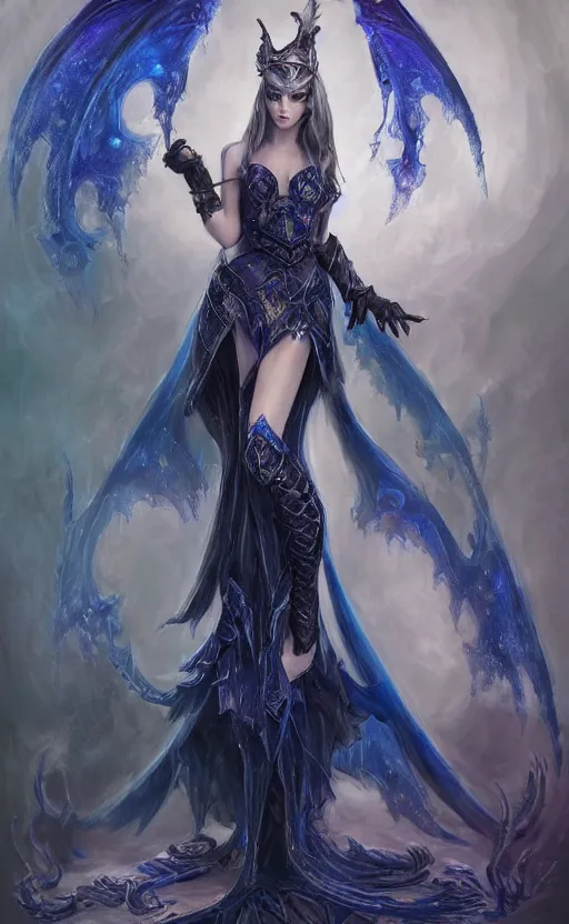 Image similar to Gothic elf princess in dark and blue dragon armor. By Konstantin Razumov, Fractal flame, chiaroscuro, holographic!!!, highly detailded