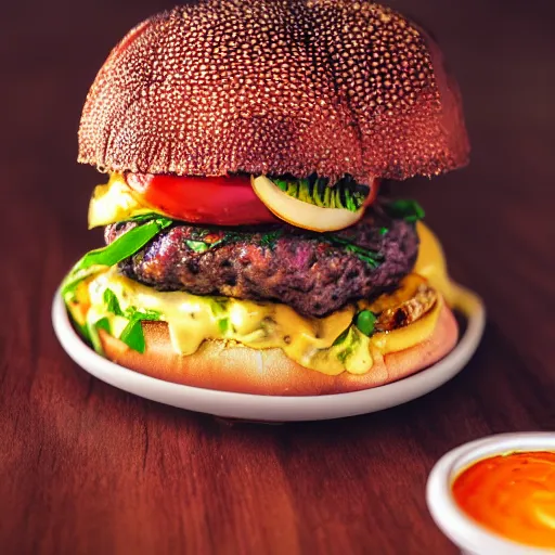 Image similar to tarantula burger, award winning photo, food photography, golden hour, holy