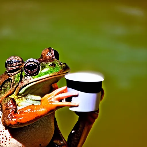 Image similar to mad frog drinking coffee. nature photography.