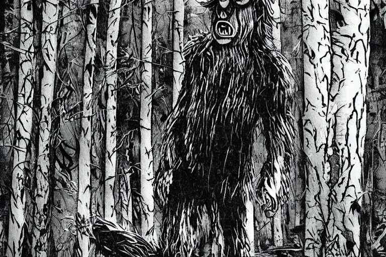 Image similar to mad bigfoot screaming in the woods artwork by ben templesmith