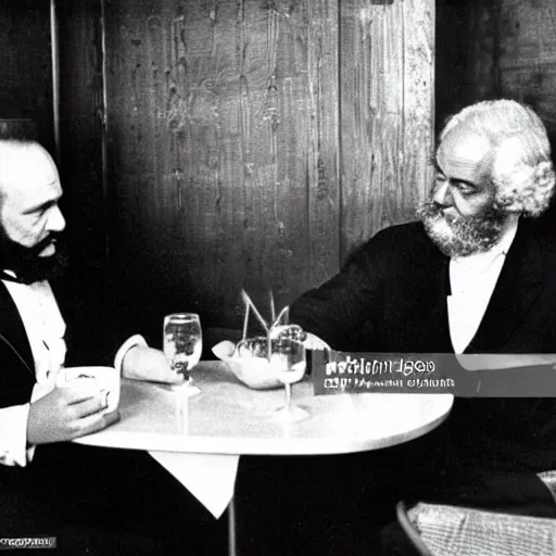 Image similar to karl marx and vladimir putin discussing capitalism, photo 1960, restaurant background