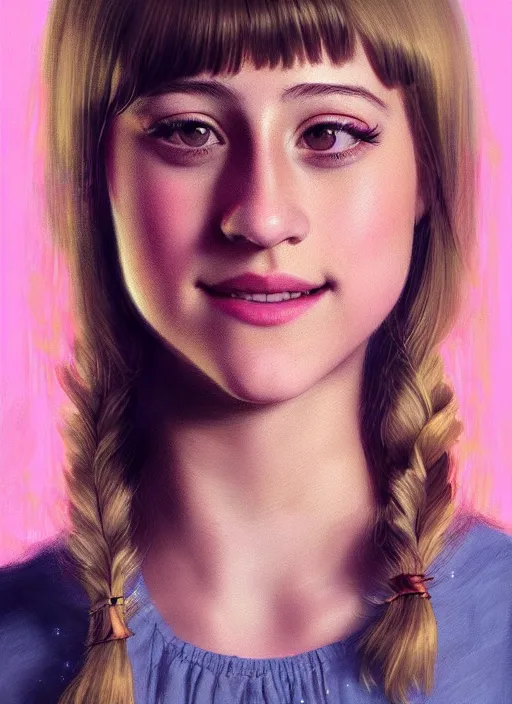 Image similar to portrait of teenage lili reinhart with bangs, smiling kindly, bangs, 1 9 6 0 s, ponytail, bangs and ponytail, intricate, elegant, glowing lights, highly detailed, digital painting, artstation, concept art, smooth, sharp focus, illustration, art by wlop, mars ravelo and greg rutkowski