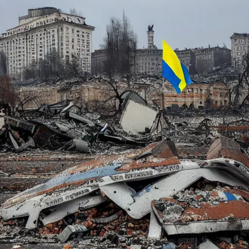Image similar to the coat of arms of ukraine, against the background of the destroyed city