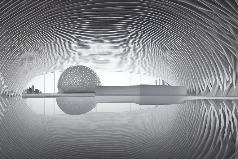 Prompt: a building formed by the cross combination and fusion of 2 0 white spherical and egg shaped spaces of different sizes, on the calm lake surface, people's perspective modern curved architecture, future, wood, marble, metal award winning, highly detailed 4 k art, dusk, unreal engine highly rendered, global illumination, radial light, internal environment by kazuyo sejima