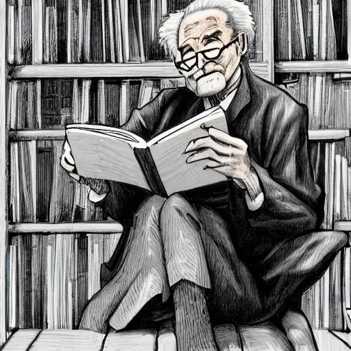 Prompt: detailed details realistic 2 d illustration a old man read manga while sitting on his library in the style of alex ross and banksy