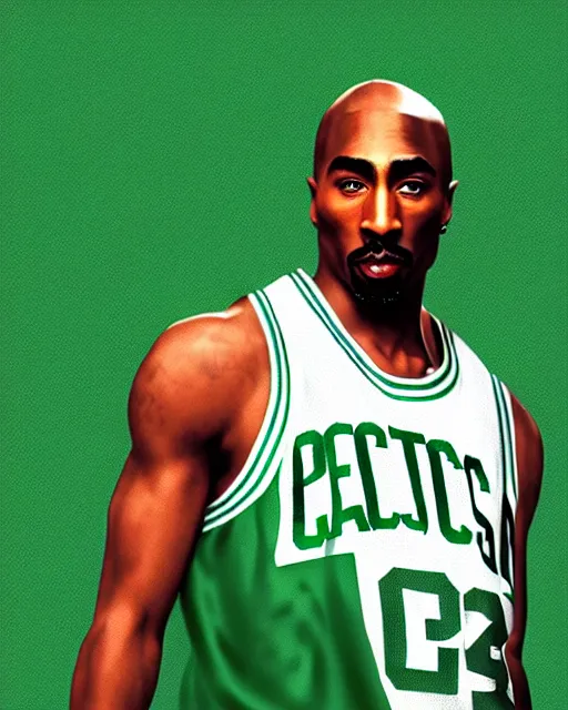 Image similar to portrait of tupac shakur, boston celtics jersey number 3 4, green, white, cartoon digital art, oil on canvas, trending on artstation, octane render