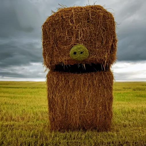 Image similar to a hay monster in a field looking ominously at the camera