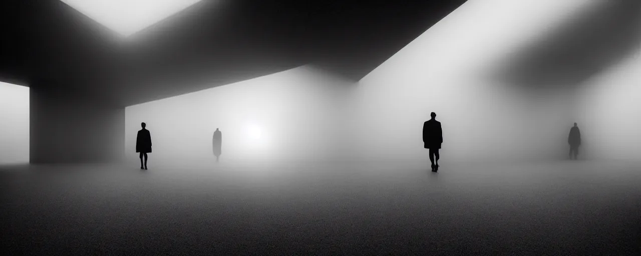 Prompt: realistic interior of a brutalist museum, blurred silhouette of person walking in the distance, Godrays at sunset, hard shadows, volumetric fog, Hyper realistic film photography by Yohji Yamamoto, Zeiss 24mm f2.8, Hasselblad, insanely detailed, sharp focus