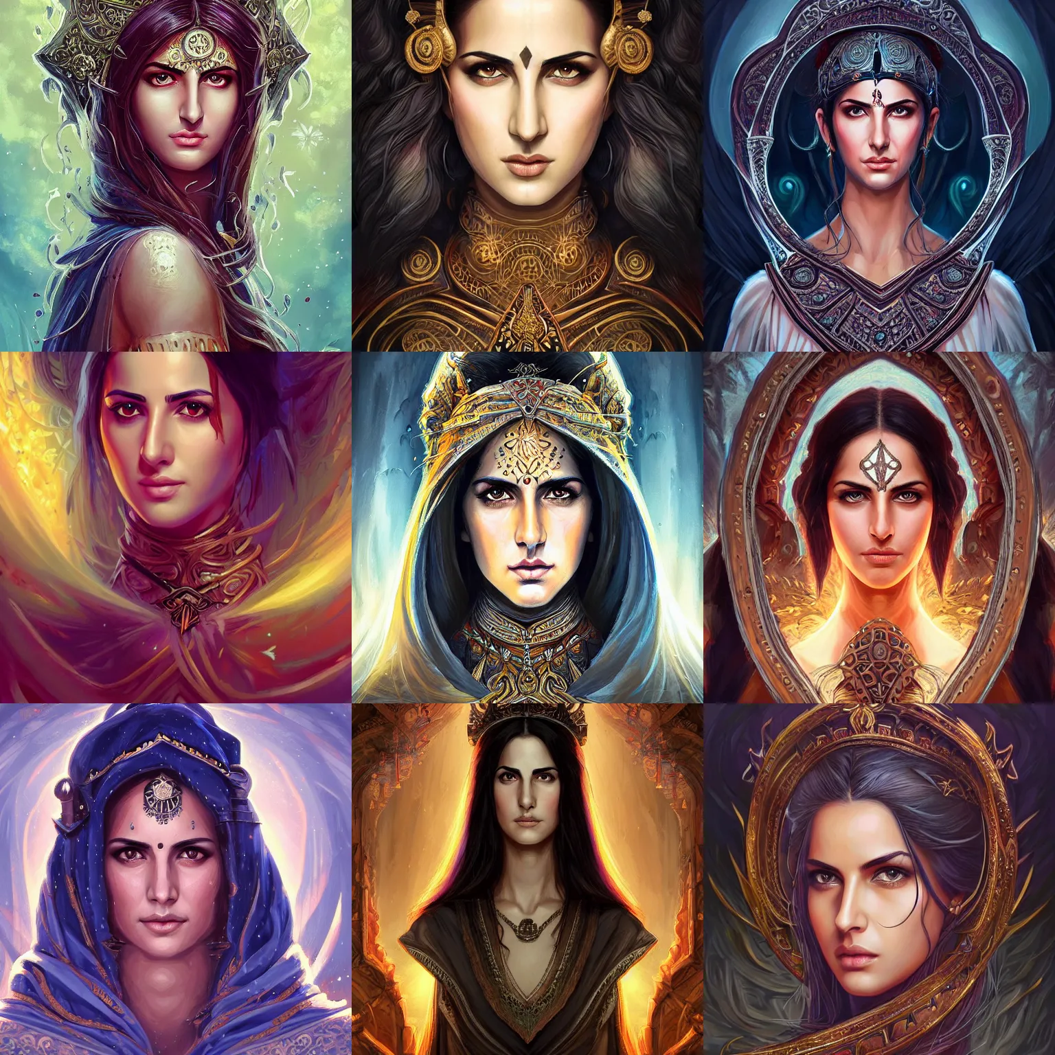 Prompt: head-on centered symmetrical painted portrait, Katrina Kaif as a D&D Mage, intricate fantasy robes, fantasy, intricate, elegant, highly detailed, digital painting, smooth, sharp focus, illustration, dramatic lighting, artstation, in the style of Artgerm and Anna Podedworna and Alex Ross