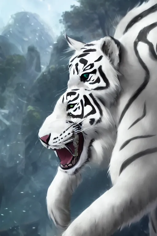 Image similar to white tiger with armor, fursona, anthro, young boy, anime key visual, detailed armor, detailed white fur, makoto shinkai, portrait
