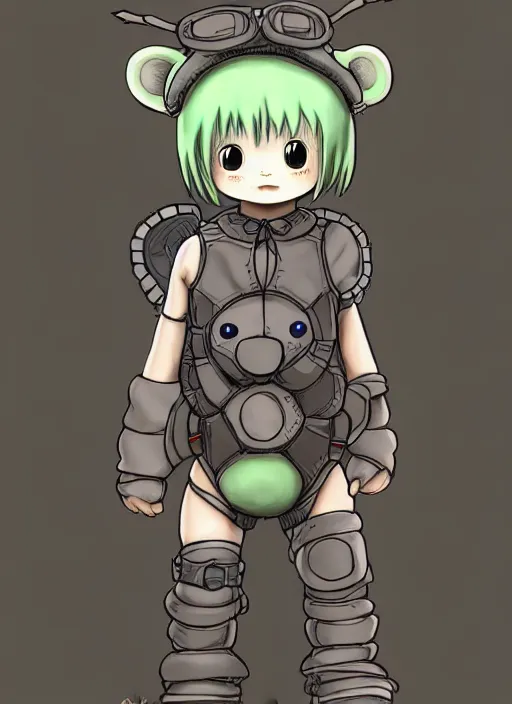 Image similar to beautiful little boy wearing an cyborg bear suit, artwork in kentaro miura and made in abyss and rosdraws, smooth, beautiful lightness, anatomically correct, trending on pixiv
