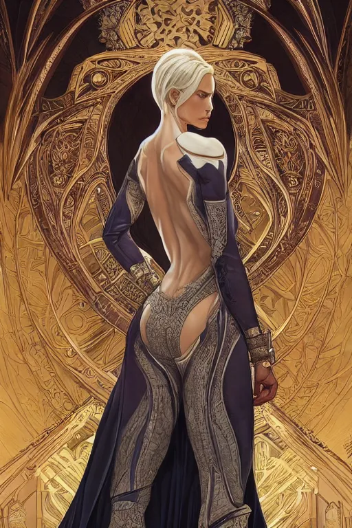 Image similar to symmetry!! intense fanart of back pose of emma frost as acotar protagonist, traditional queen dress, intricate, hyper detailed background, elegant, highly detailed, my rendition, digital painting, artstation, concept art, smooth, sharp focus, illustration, art by artgerm, greg rutkowski and alphonse mucha, by hajime sorayama and boris vallejo