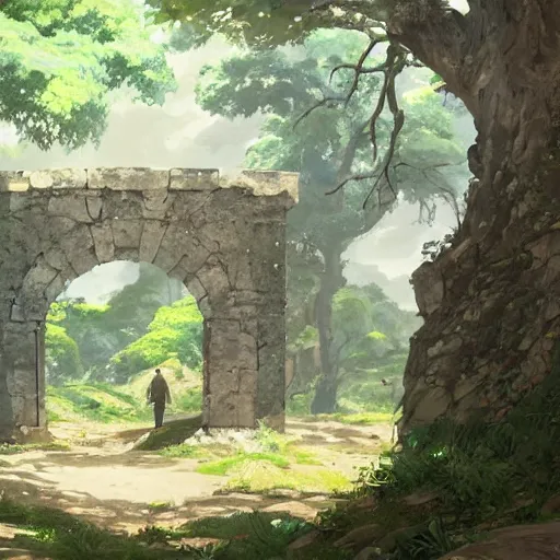 Image similar to concept art painting of an ornate ancient stone archway, in the woods, trees in foreground, realistic, detailed, cel shaded, in the style of makoto shinkai and greg rutkowski and james gurney