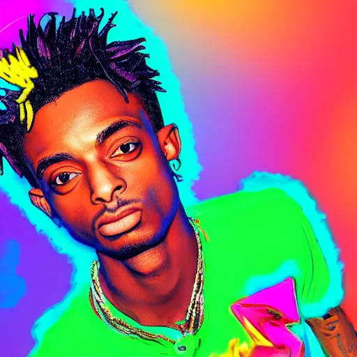 Prompt: playboi carti, photorealistic, hyper realistic, very detailed, detailed face, full body shot, 8 k, hd, neon colors, over saturated colors, wok, cluttered background with hype things, rainbows,