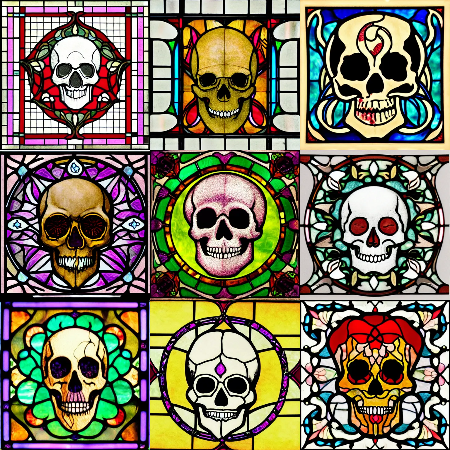 Prompt: “skull, art nouveau stain glass”