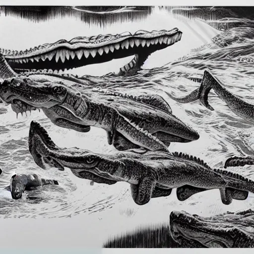 Image similar to battalion of tabby cats swimming downstream to do battle with a giant cayman crocodile silkscreened poster lithograph “ bernie wrightson ”