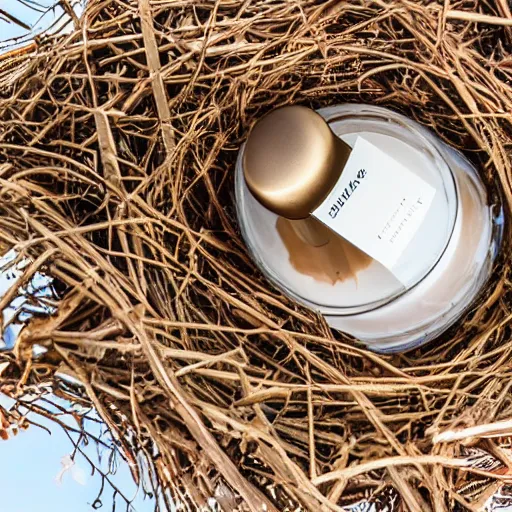 Prompt: perfume in a bird's nest overlooking paris eiffel tower, light pastel blue sky and clouds in the background, softly - lit, soft - warm, zen, light, modern minimalist f 2 0 clean