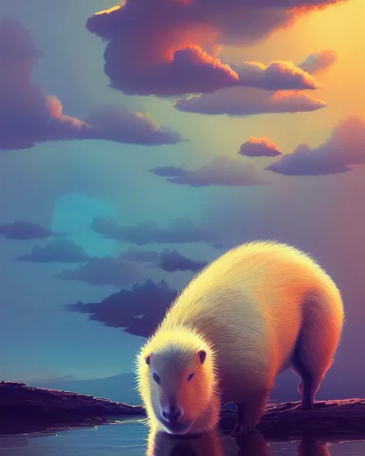 Prompt: white capybara relaxing, surreal photography, synth dramatic light, impressionist painting, colorful clouds, digital painting, artstation, kilian eng, john harris, bastien lecouffe - deharme, simon stalenhag, flower face