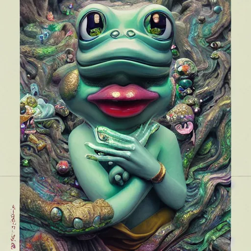 Prompt: plasticine wet shiny angles, crystal, moonlit, mirrors, camera angled dramatically, realistic hyperdetailed design of pepe the frog meme, ferocious, chinese mythology, victo nga, fumo yoshitoshi, ren jing jeong, feifei ruan, peter mohrbacher, takato yamamoto