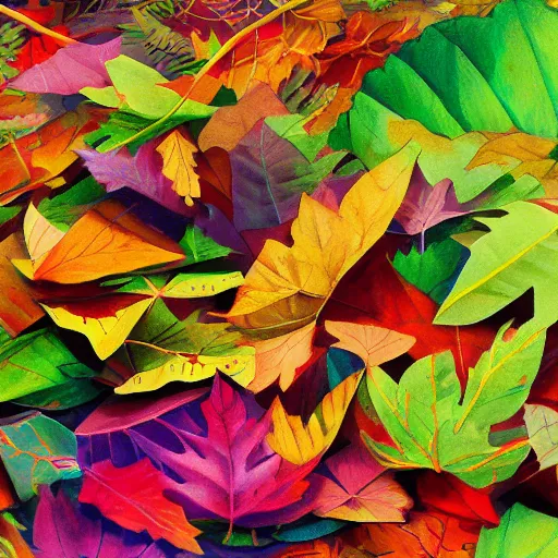 Image similar to pile of leaves, concept art, illustrated, highly detailed, high quality, bright colors, optimistic,