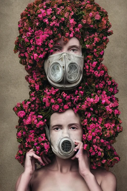 Image similar to a surreal portrait of a woman wearing gas mask melting into a wall of flowers in the style of brooke didonato, editorial fashion photography from vogue magazine, full shot, nikon d 8 1 0, ƒ / 2. 5, focal length : 8 5. 0 mm, exposure time : 1 / 8 0 0, iso : 2 0 0