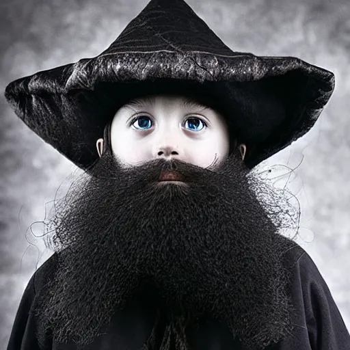 Image similar to photograph of a five year old boy wizard, beard, wizard hat by annie leibovitz, dark hair, deep eyes